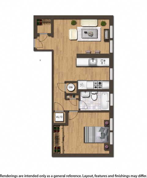 the oaks apartments one bedroom floor plan rendering